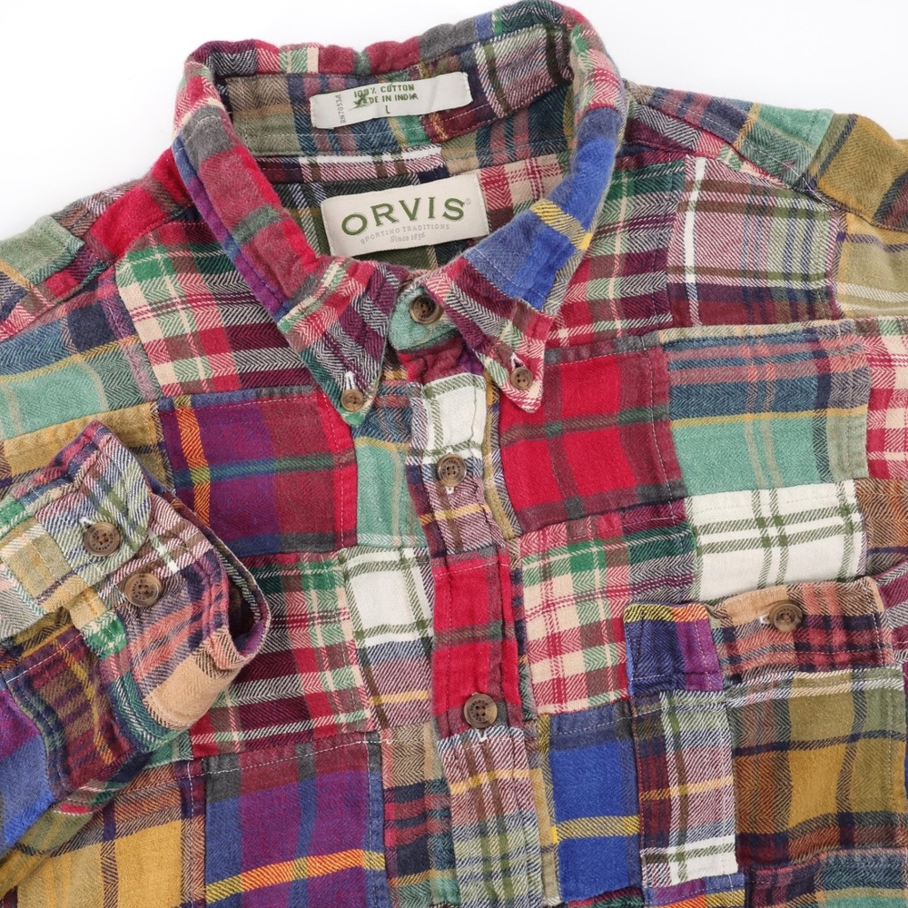 Vintage Orvis Patchwork Plaid Flannel Shirt Multi Long Sleeve Mens Large